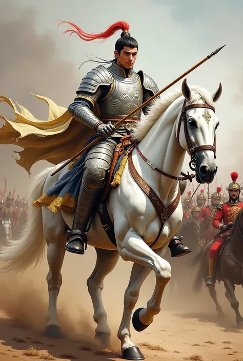  scene settings ：Painting impasto style， Chinese style，Young male military general ，Wearing exquisite silver Chinese armor，Riding a majestic white horse。
Subject Description：Painting impasto style，The general is heroic，Holding a spear，The tip of the spear ...