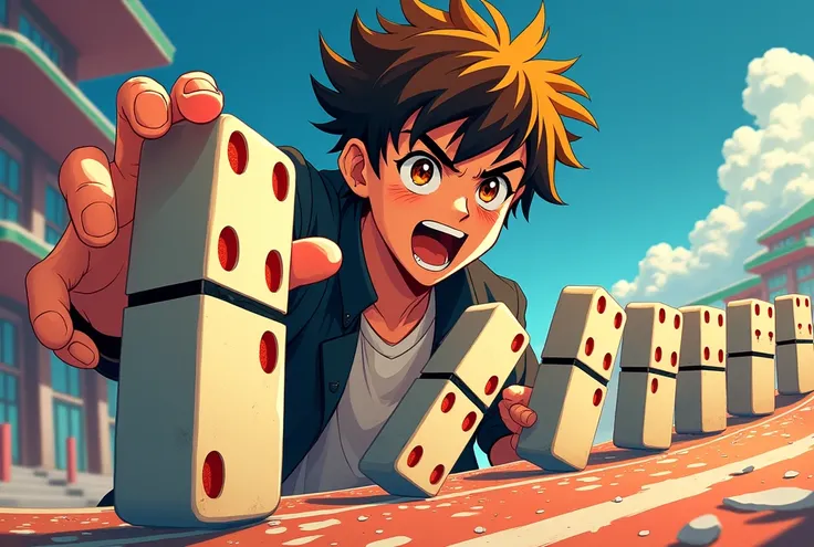 A person controlling the domino lets go anime style