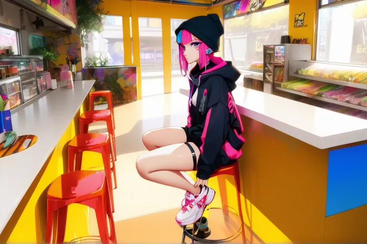 brightly colored woman sitting on stool in a brightly colored restaurant, cyberpunk anime girl in hoodie, anime girl cosplay, anime girl in real life, she is wearing streetwear, cyberpunk anime girl, 2 d anime style, anime style mixed with fujifilm, modern...