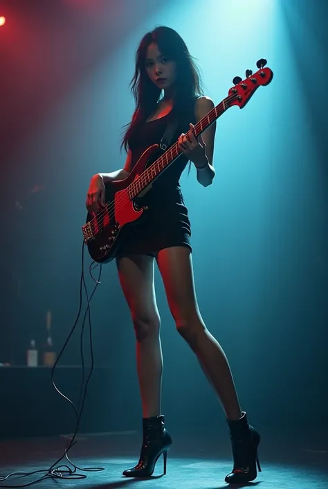 Korean long-legged female bassist， Wear heels 