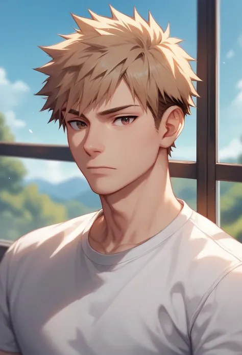 bakugo katsuki, 1 , Alone, male focus,  brown hair, brown eyes,  white shirt ,  closed mouth , sideways, window,  upper body, day, sky,  blurry background 