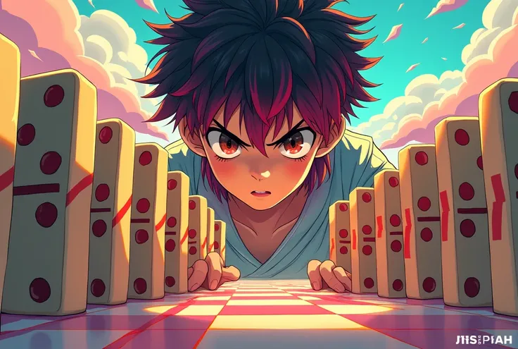 A person controlling the domino lets go anime style