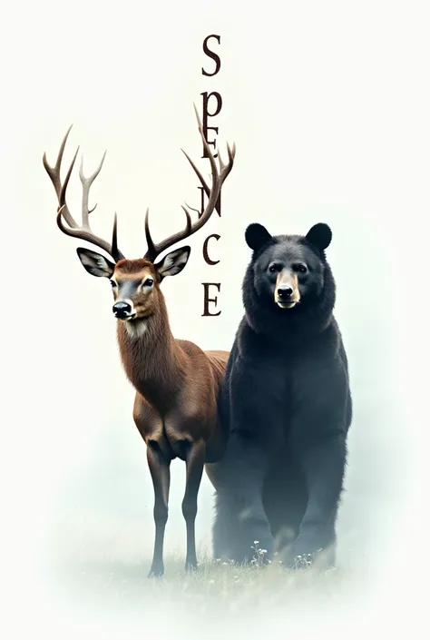 double exposure whimsical magical image of a majestic realistic buck and black bear standing next to the name Spence written top to bottom on a white background 