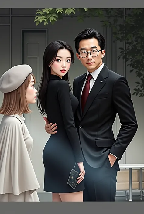 A  Japanese man 45 year old wearing glasses and  in a black suit, beautiful Japanese woman 40 year old  black blow dried hair, blue eyes next to a 19 year old woman in a black dress, long straight brown hair and blue eyes.