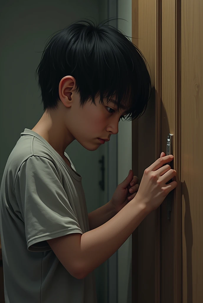 An almost adolescent male boy removing nails with a HAMMER from the door of his room, pulling out the nails with a calm but a little sad attitude  