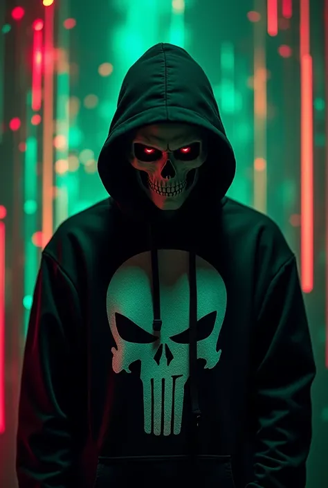  A person wearing a black hoodie with a skull-like design on it and wear a skull mask the persons face is partially obscured by the hoodie, and their eyes are visible through the hood. the skull is white and has a menacing expression.

the image also has a...