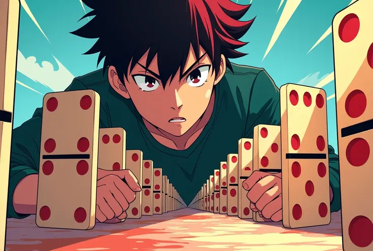 A person controlling the domino lets go anime style