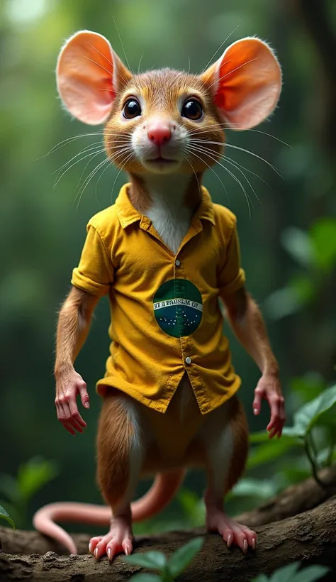 create an image of a strong mouse standing ,  as if it were a human an image from top to bottom with its muscles apparent with a Brazilian version in the Amazon rainforest, with the Brazilian blouse torn with a wild image 