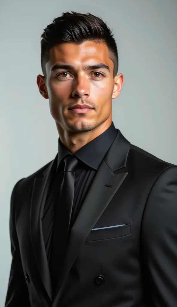 ronaldo in a sleek black suit, standing upright, looking directly into the camera with a neutral or confident expression. well-l...