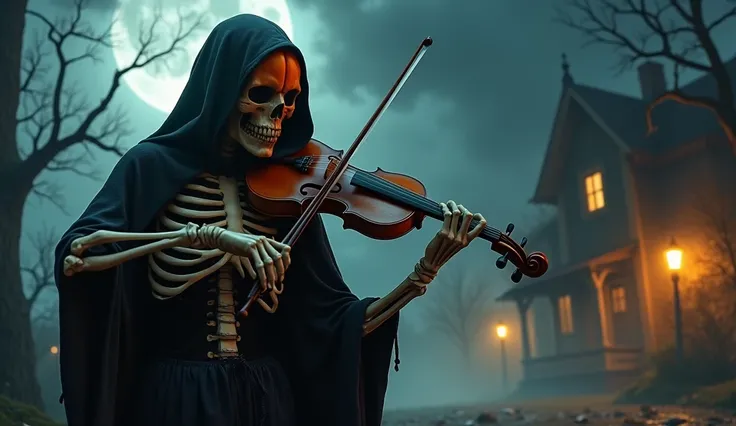 A female grim reaper playing the violin in the middle of Halloween night,  tattoo on arms  ( Best Quality , high resolution, realistic: 1,37)  Ultra-detailed, (Horror: 1,1) atmosfera scarya, (scary, scary) moonlit scene, (poorly lit: 0,9) flickering street...