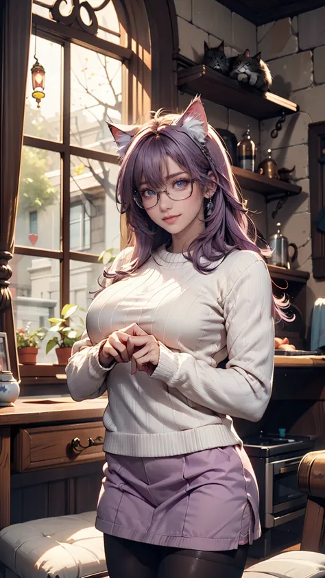 masterpiece,  best quality,  1 girl , (( putting their fingers in their lips)), Lilac hair ,  purple eyes, Long Hair,  Ahoge, sweater, sweater skirt,  pantyhose, ,  hair between eyes,  Big Breasts , adult, Age 33, Mature, Glasses, Alone, only, smile, cat e...