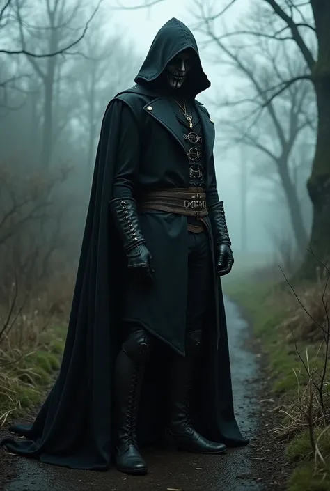 A dark man standing sideways dressed as a vampire assassin in a rural area wearing a mask from the character V Vengeance 