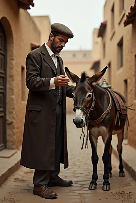 in 1910,  in a village in Algeria an Andalusian gypsy raps a mule tied . The gypsy is tall ,  is dressed in a dark brown suit with a white shirt and wears a Basque beret on his head.