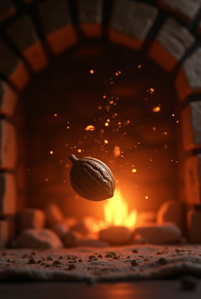 A small nut flying into the fireplace from the side