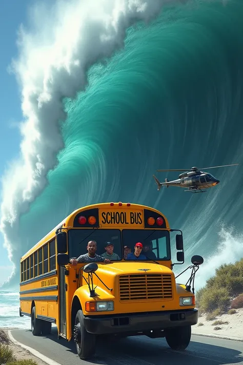 A school bus that is about to be hit by a tsunami which inside is eminem some ice creams some donuts a shark and a helicopter 