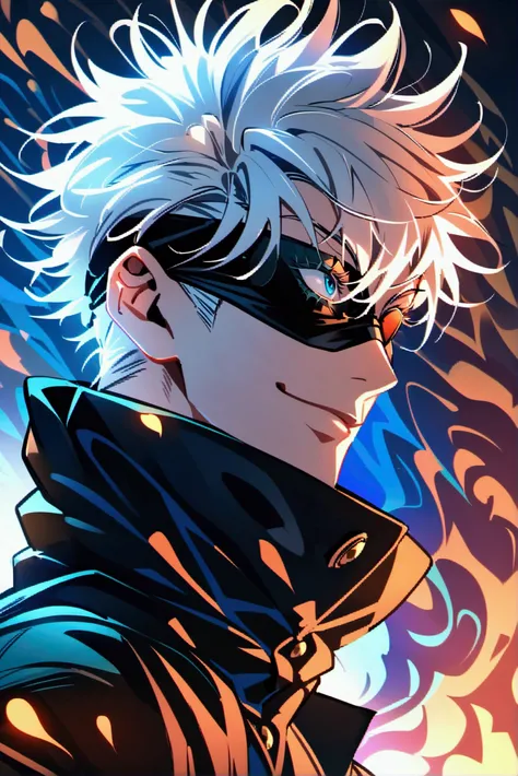 Generate an image of Gojo Satoru from Jujutsu Kaisen, featuring his signature white hair, blindfold or dark sunglasses, and his black high-collared outfit. Position him confidently, with a playful smile, against a dynamic background of blue energy and swir...