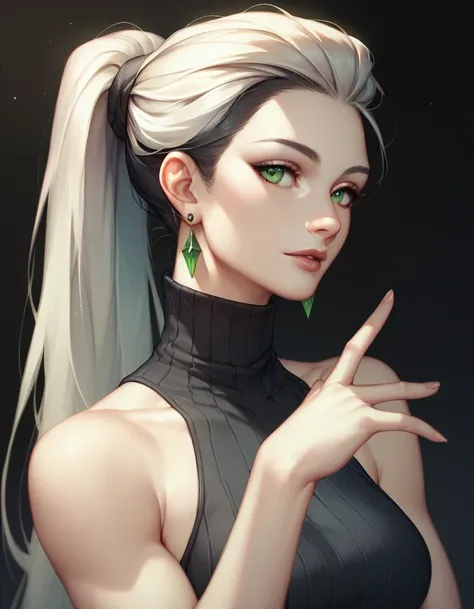 female black sleeveless turtleneck, bare shoulders, racerback, bare toned arms, beautiful face, black ponytail with showing forehead, long ponytail, black earrings, soft smooth skin, pale skin, black background, green eyes, sci-fi, high contrast