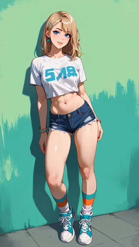 "A young Japanese woman with a well-defined physique: toned legs, sculpted waist, defined abs, and medium bust. She is dressed in a short lace or stretchy shorts, or denim mini-shorts, paired with a crop top. Her footwear is either white sneakers or high-t...