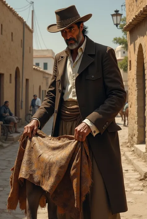 in 1910, In a village in Algeria, an Andalusian gypsy peels a mule . The gypsy is tall ,  is dressed in a dark brown suit with a white shirt and wears a hat on his head.