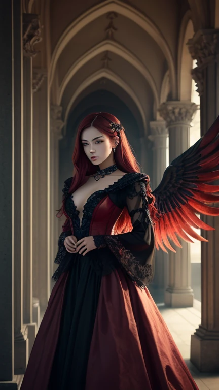 Half body portrait of Asian young woman, features a striking character with dark, ethereal elements. The figure is a female character dressed in a gothic-inspired red outfit adorned with intricate jewelry and chains. She has large, red angelic wings, givin...