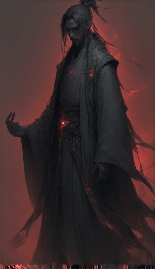 an enigmatic and powerful wizard with a cold, calculating presence. His robes are dark and sleek, embroidered with patterns of white and red, inspired by the Japanese flag. The edges of his robes seem to shimmer with a subtle magical glow, like a hidden po...