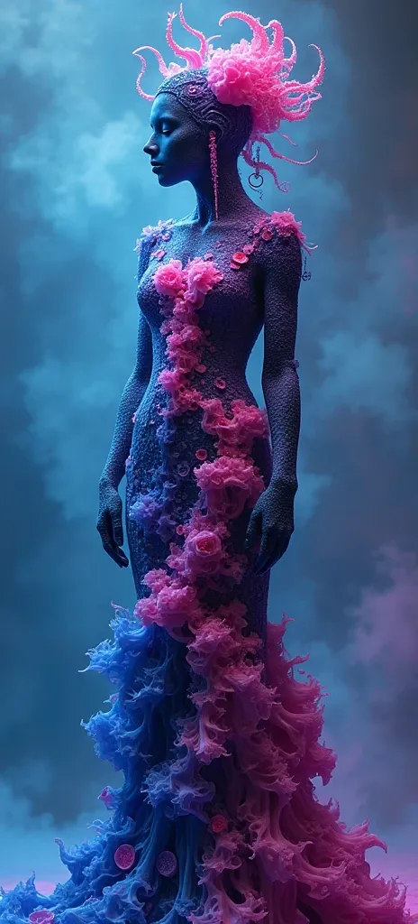  is a garment that is smooth, fits the body and features a 、 avant-garde fashion design inspired by loose fractals 。This costume is、Fractal self-jewelry includes 。The background is abstract and、 Its a contrasting piece incorporating blue and magenta tones ...