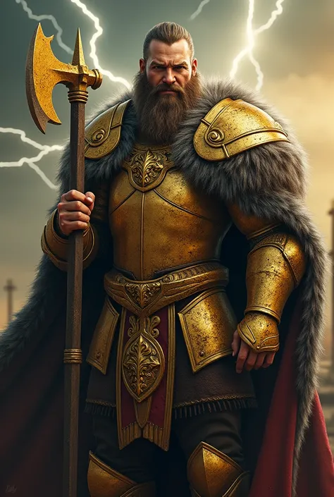 Viking King , with gold armor crown in gold head, golden axe ,naughty look , with blood on armor and axe , convinced smile ,Lightning background  