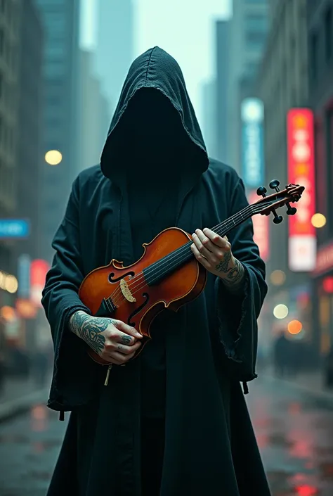 " cinematic style ,  medium plane he ARRY Alexa 35 ,  and solitary hooded figure using chaos magic,  color grading love-key ,  pop hopper-realistic , Siverpunk , Chicago 2087,  played the violin ,  tattoo on arms ,  pretty woman