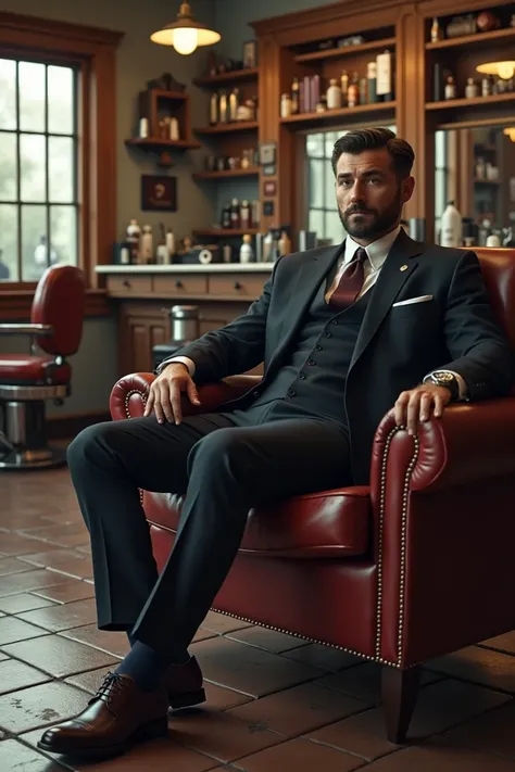 A man sitting on sofa in a barber shop