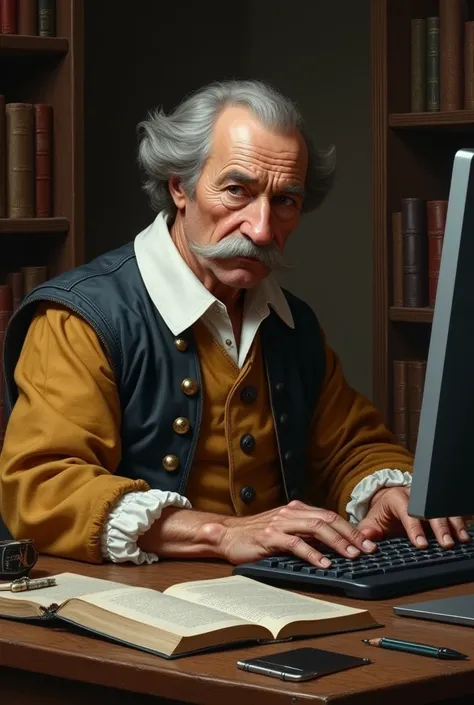 create an image in which Miguel de Cervantes , with his characteristic moustache writing on a state-of-the-art computer.