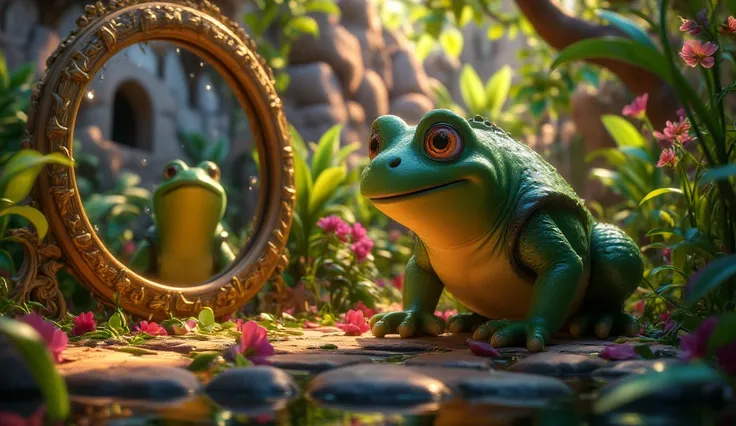 A green frog looking into a magic mirror. the mirrors reflection is a gray stone. The setting is a lit forest