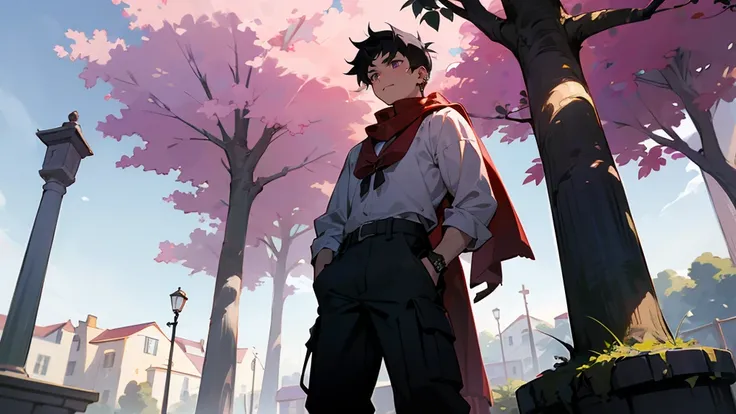 1male,Spiked Messy Black Hair,Modern Undercut Hair, Somber expression, Purple Eyes , White Longsleeve Shirt ,Ear Piercings, Red Scarf, Teen Male, lean muscular build,Baggy black cargo pants, Standing Ontop of a pillar in the center of a village, Trees in t...