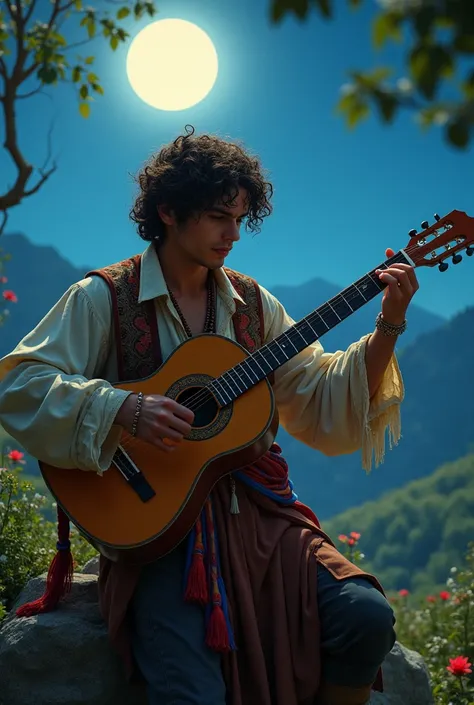 Young gypsy man playing guitar, under the moonlight