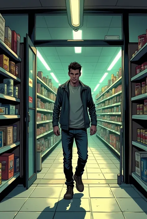  A malicious young man entering a simple small supermarket in an urban area city .  He walks with firm and calculated steps ,  your eyes analyzing Cool the environment while keeping a sadistic and menacing smile on your face.  The market has modest shelves...