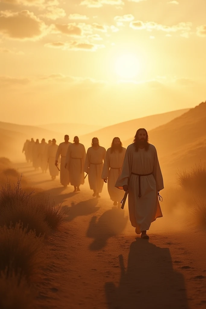  The disciples of Jesus walking and in a panoramic photo,  them leaving everything behind . Photo with plenty of light 