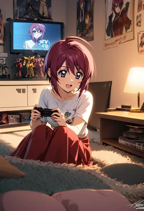 1 girl ,9resembling Lunamaria Hawke, Gundam SEED, sitting cross-legged on a cozy rug in her room. She is playing a Gundam video game on a large screen TV, holding a modern game controller. She is wearing a casual outfit consisting of a snug white T-shirt a...