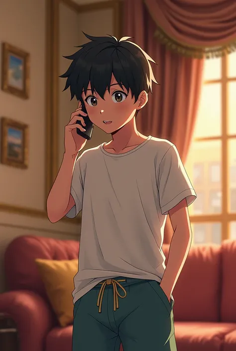 a young boy , waring half t-shirt, standing in a luxury room , luxury house room background, talking to friend on call by mobile, wearing a pajama , make it anime style , camera angle from straight close to face like video shooting