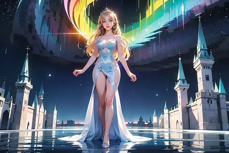 1 Woman, Highly Detailed, High Quality, 8K, Photorealistic, Masterpiece, Digital Illustration, Princess Aurora Standing on a Frozen Lake, Ice Castle, Rainbow Colored Aurora in the Night Sky, Dramatic Lighting, Movie Like, bright colors, shining, fantastic,...