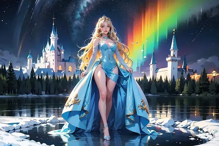 1 Woman, Highly Detailed, High Quality, 8K, Photorealistic, Masterpiece, Digital Illustration, Princess Aurora Standing on a Frozen Lake, Ice Castle, Rainbow Colored Aurora in the Night Sky, Dramatic Lighting, Movie Like, bright colors, shining, fantastic,...