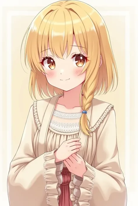 whole body， simple background，, Smooth Blonde, Medium Distribution, Restrained Temperament, Exquisite Facial Features, Simple Aristocrat Costume, Lace Neckline, Plush Cuffs, Soft Color, Classical Background, Subtle Smile, Gentle Eyes, Delicate Lines, Anime...