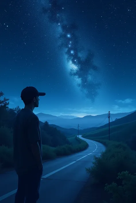 Starry path over the road with the silhouette of a man in a cap looking from behind 