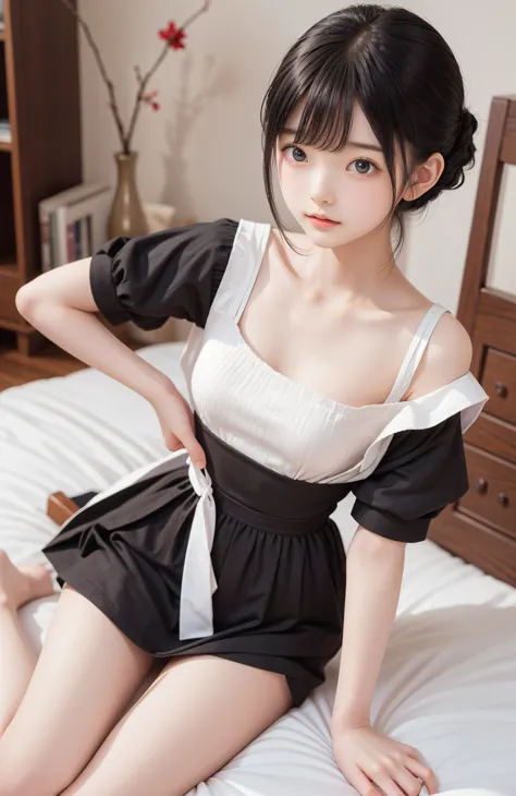 maid,cute pretty girl,masterpiece,high definition,4k,8k,16k,odango hairstyle,black hair,slender body