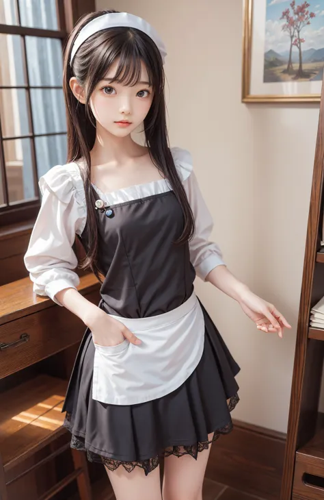 maid,cute pretty girl,masterpiece,high definition,4k,8k,16k,odango hairstyle,black hair,slender body