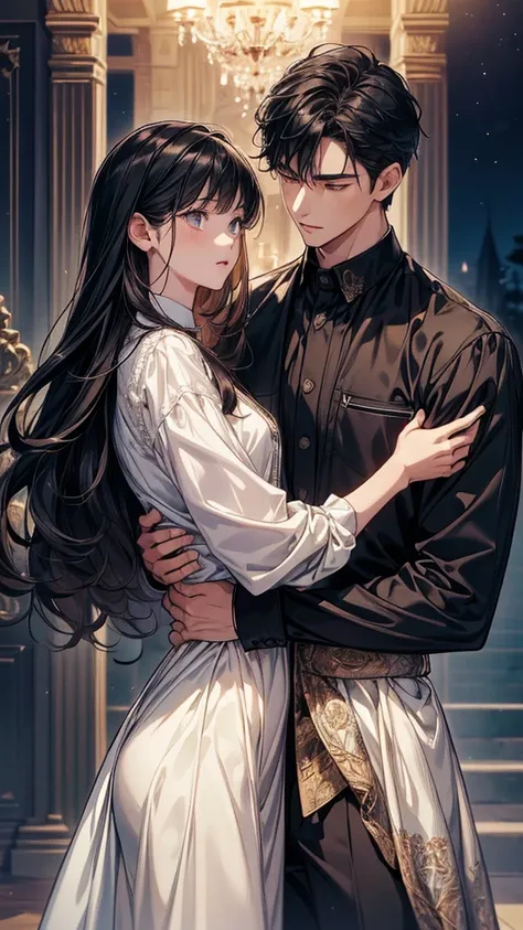 (masterpiece, Best Quality, ultra-detailed, high resolution, extremely detailed CG, official art, Professional Lighting, Perfect Anatomy), Couple, Two small silhouettes, boy and girl facing each other, A handsome boy wearing a white shirt and a black slack...