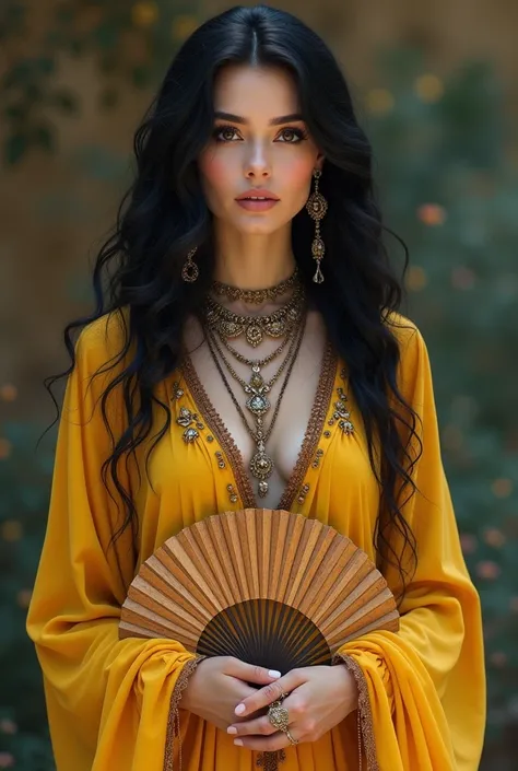  A gypsy woman with wavy black hair , Are you wearing a yellow .  Your skin is light and your eyes are brown.  She wears jewelry and she has a fan in her hands 
Your look is confident 