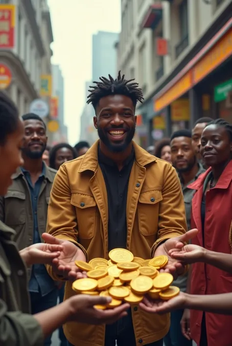 A black man sharing a coin named pinocoin to multiple people 