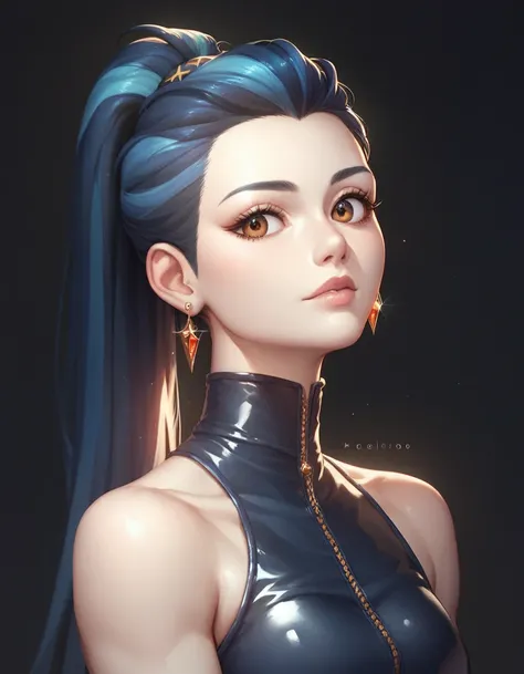 female indigo sleeveless latex turtleneck, bare shoulders, racerback, bare toned arms, beautiful face, black ponytail with showing forehead, long ponytail, black earrings, soft smooth skin, pale skin, black background, brown eyes, sci-fi, high contrast