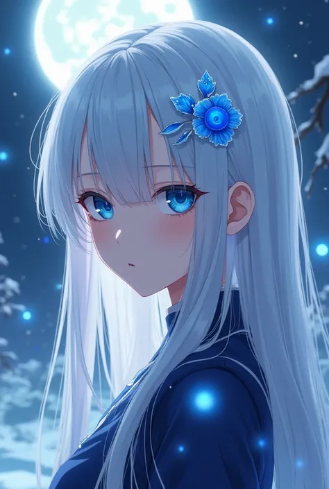  female , anime, white hair, blue eyes,blue  Higanbana hair pins,Long hair straight,snow moon light firefly  blue higanbana background, gothic