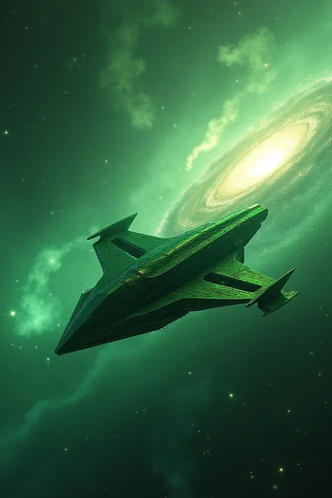 Rare type green with blue interplanetary spaceship, background with stars and a galaxy