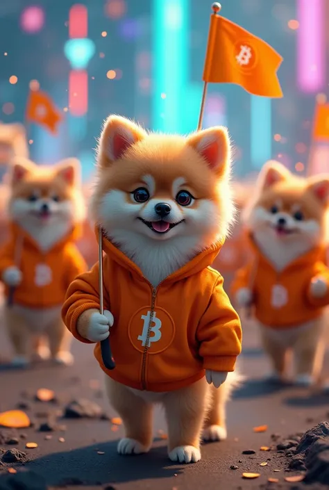 "An army of cute, cheerful dogs resembling a Pomeranian wearing orange hoodies with Bitcoin logos. They are standing in a heroic formation, holding small flags with cryptocurrency symbols, in a vibrant and energetic battlefield. The scene has a playful yet...